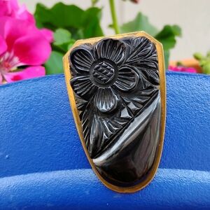 Black Bakelite Carved Flower Dress Clip Vintage